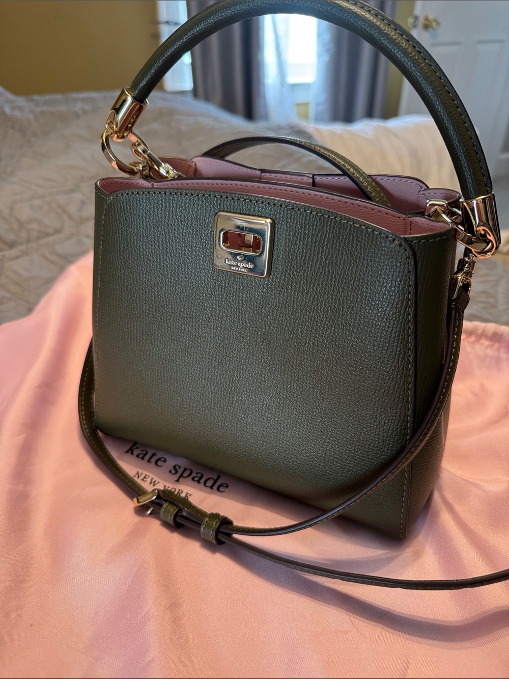 kate spade Olive Green Satchel with Pink Interior